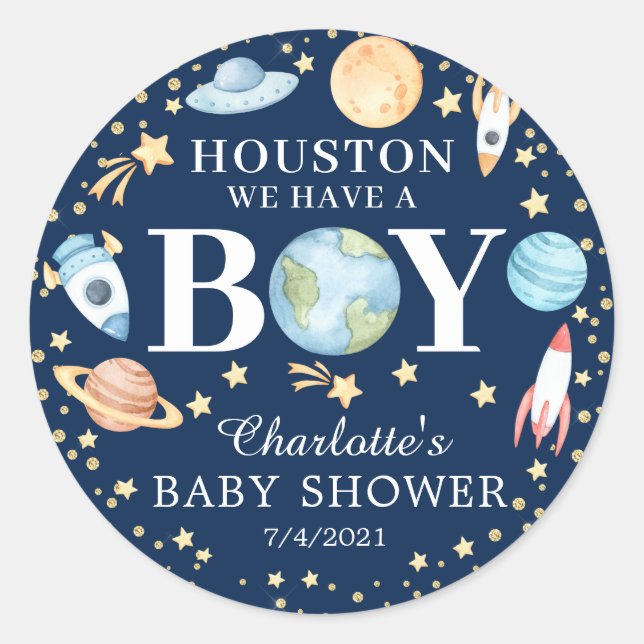 Pegatina Redonda Los chicos del espacio exterior Baby Shower Favor (Anverso)