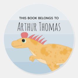 Pegatina Redonda Los chicos recortan la placa de biblioteca de dino