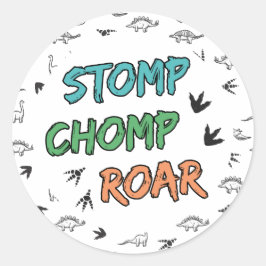 Pegatina Redonda Los dinosaurios Stomp Chomp Roar Fiesta de Cumplea