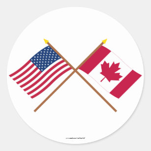 Pegatina Redonda Los E.E.U.U. y banderas cruzadas Canadá
