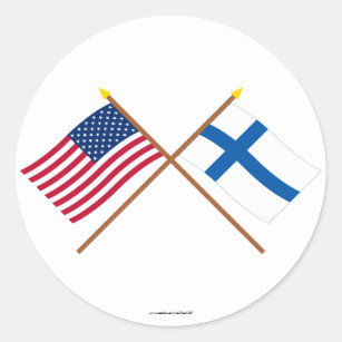 Pegatina Redonda Los E.E.U.U. y banderas cruzadas Finlandia