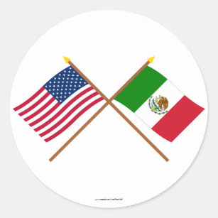 Pegatina Redonda Los E.E.U.U. y banderas cruzadas México