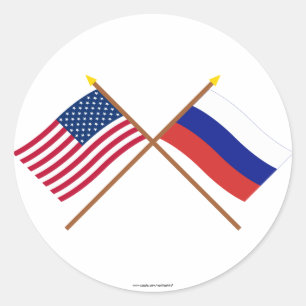 Pegatina Redonda Los E.E.U.U. y banderas cruzadas Rusia