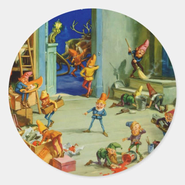 Pegatina Redonda Los elfos de Santa Elena trabajando en su taller s (Anverso)
