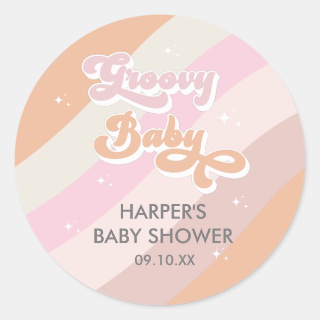 Pegatina Redonda Los favoritos de Baby Shower de Pink Retro Groovy (Anverso)