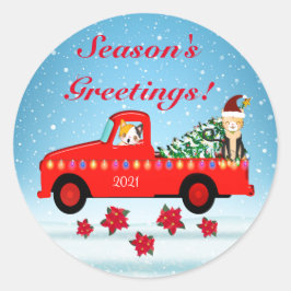 Pegatina Redonda Los gatos de vacaciones tienen un árbol de Navidad