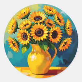 Pegatina Redonda Los girasoles amarillos en una vesícula amarilla