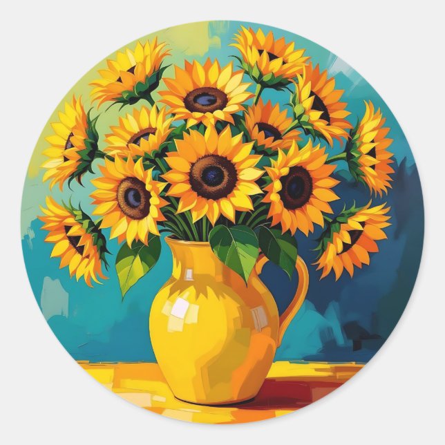 Pegatina Redonda Los girasoles amarillos en una vesícula amarilla (Anverso)