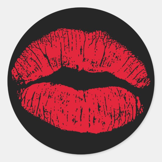 Pegatina Redonda Los labios de besos rojos en negro (Anverso)