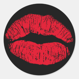 Pegatina Redonda Los labios de besos rojos en negro