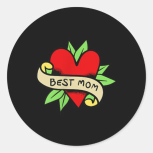 Pegatina Redonda Los mejores Rosas del corazón del tatuaje de mamá