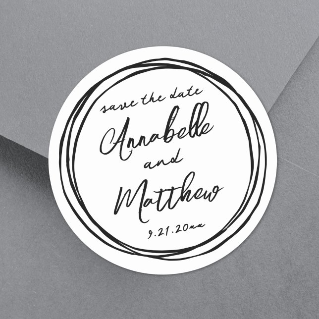 Pegatina Redonda Los Nombres Blancos Blancos Negros De Moda Sencill (Simple Trendy Black White Names Save The Date Classic Round Sticker)