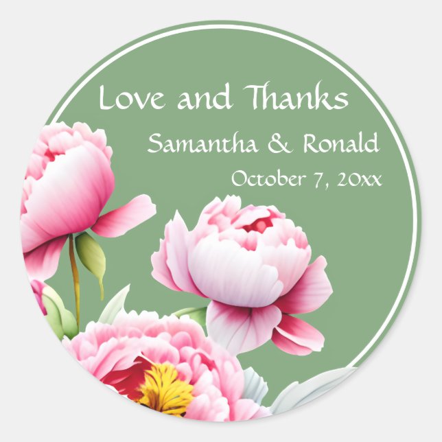 Pegatina Redonda Los peones rosados bonitos en el Boda verde (Anverso)