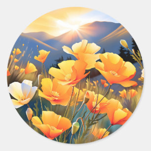 Pegatina Redonda Los Poppies De California En Un Prado Brillante Y 