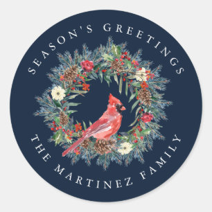 Pegatina Redonda Los saludos del Cardenal Rojo Pine Wreath