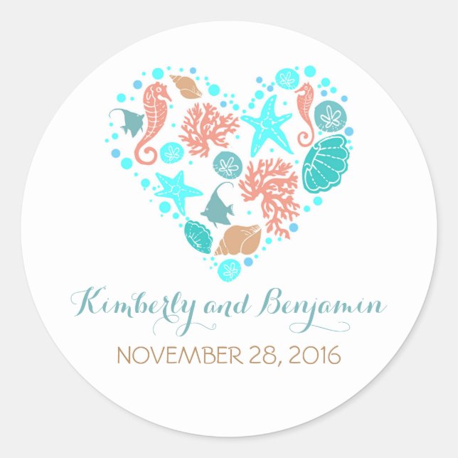 Pegatina Redonda Los tesoros costeros de Pearls Heart Nautical Boda (Anverso)
