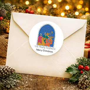 Pegatina Redonda Los Tres Reyes Magos Feliz Navidad