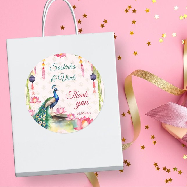 Pegatina Redonda Loto del pavo real boda indio gracias favor (Peacock lotus Indian wedding thank you favor gift Sticker thank you stickers wedding stickers)