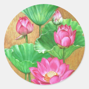 Pegatina Redonda Loto rosado en fondo de la pintura del oro