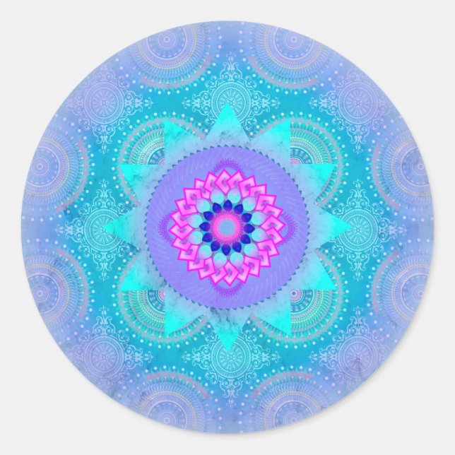 Pegatina Redonda Lotus Bloom Turquoise Mandala (Anverso)