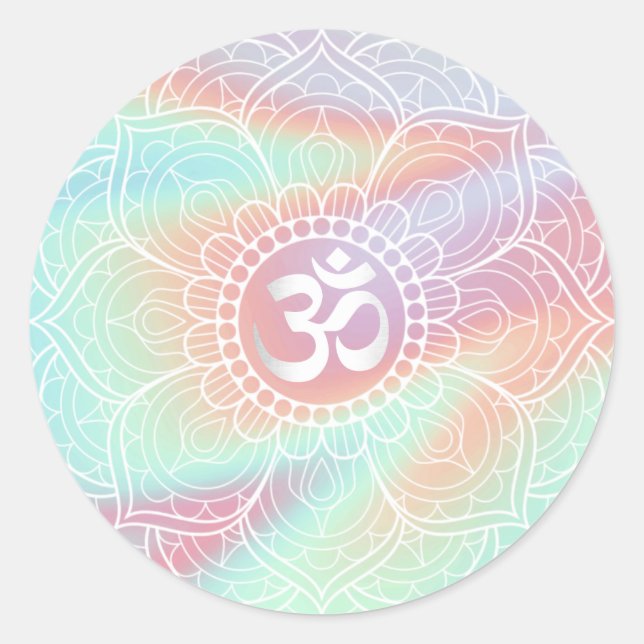Pegatina Redonda Lotus Mandala Namaste Yoga Holographic Pastel (Anverso)