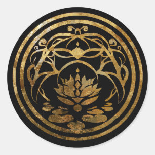 Pegatina Redonda Lotus Quietud   Diseño de Mandala Dorado