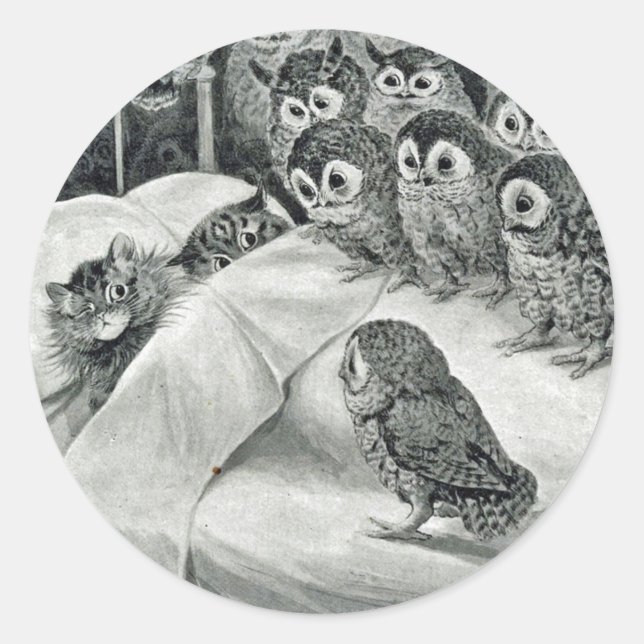 Pegatina Redonda Louis Wain Cat Nightmare Owl Bird (Anverso)