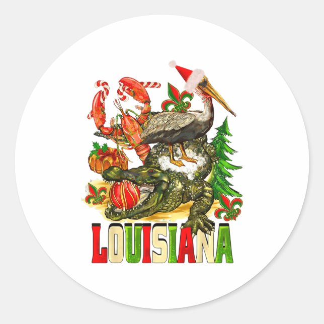 Pegatina Redonda Louisiana Christmas Bayou Gator Santa Hat Holiday  (Anverso)