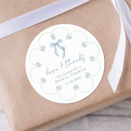 Pegatina Redonda Love And Thanks Blue Bow Bridal Shower Thank You