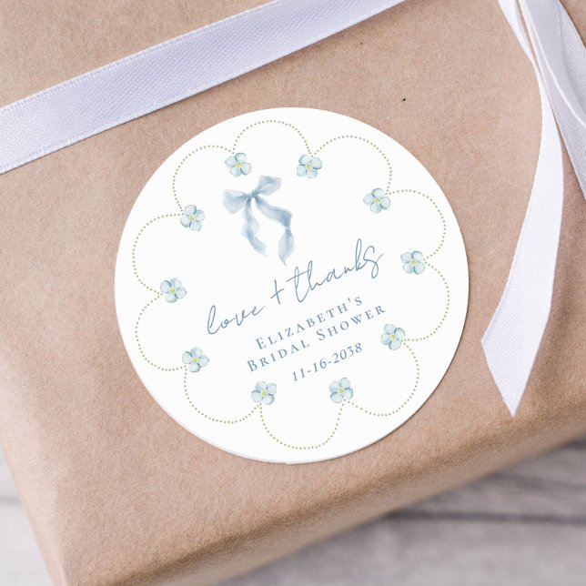 Pegatina Redonda Love And Thanks Blue Bow Bridal Shower Thank You (Love And Thanks Blue Bow Bridal Shower Thank You Classic Round Sticker)