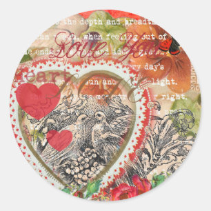 Pegatina Redonda Love Birds Heart Red Art Collage