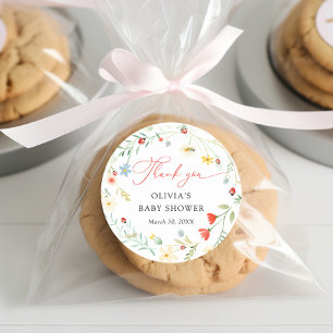 Pegatina Redonda Love bug Garden Wildflower Baby Shower Gracias