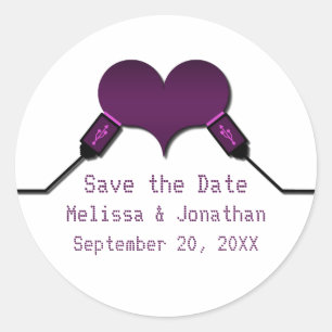 Pegatina Redonda Love Connection USB Save the Date Pegatinas, Purpl