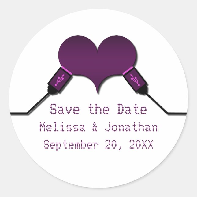 Pegatina Redonda Love Connection USB Save the Date Pegatinas, Purpl (Anverso)