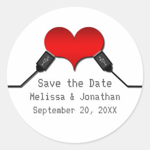 Pegatina Redonda Love Connection USB Save the Date Pegatinas, rojo