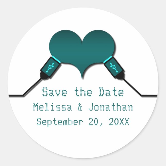 Pegatina Redonda Love Connection USB Save the Date Pegatinas, Verde (Anverso)