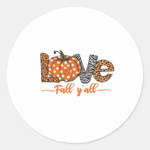 Pegatina Redonda LOVE Fall Y'all Leopard Print Pumpkin Trendy Aut