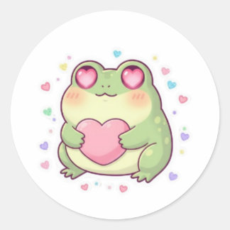 Pegatina Redonda Love Frog Sticker Cute Romantic Frog Heart Kawaii 