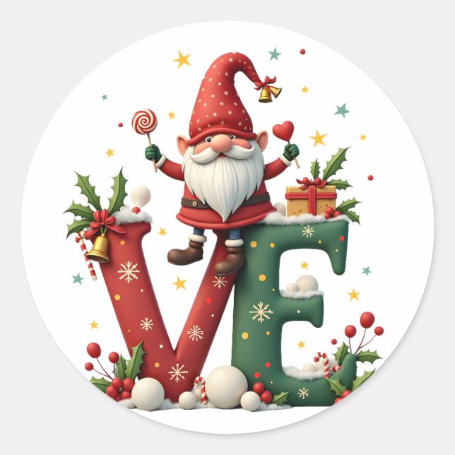 Pegatina Redonda LOVE Gnome Christmas (Anverso)