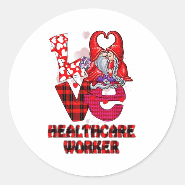 Pegatina Redonda Love Gnome Healthcare Worker Valentines Day Heart  (Anverso)