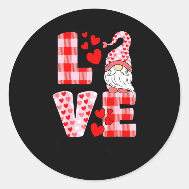 Pegatina Redonda Love Gnome Valentines Day Red Buffalo Plaid Leopar (Anverso)