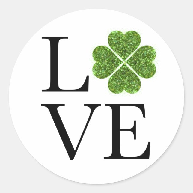Pegatina Redonda LOVE green sparking clover shamrock st patrick day (Anverso)
