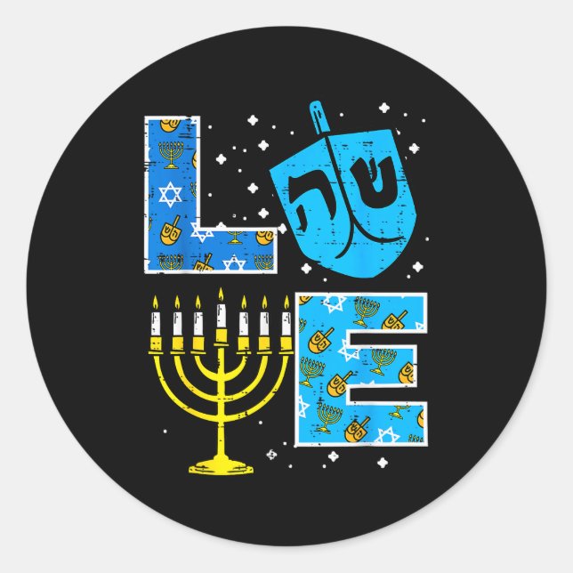 Pegatina Redonda Love Hanukkah Dreidel Menorah Jewish Chanukah Men  (Anverso)