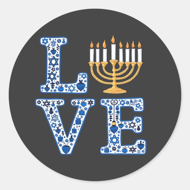 Pegatina Redonda Love Hanukkah Jewish Holiday Menorah (Anverso)