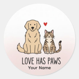 Pegatina Redonda Love Has Paws | Cute Minimalist Dog and Cat Illust