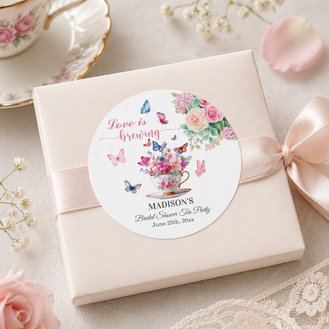 Pegatina Redonda Love is Brewing Butterfly Bridal Shower Tea Party (Subido por el creador)