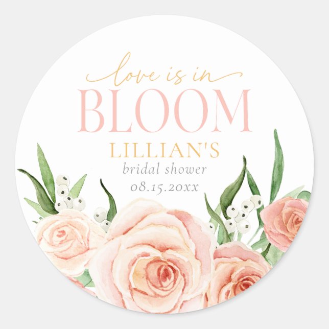 Pegatina Redonda Love Is In Bloom Blush Pink Floral Bridal Shower  (Anverso)