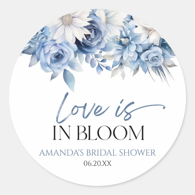 Pegatina Redonda Love Is In Bloom Dusty Blue Floral Boda de Novia (Anverso)