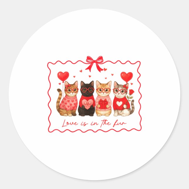 Pegatina Redonda Love Is In The Fur Cat Lovers Valentines Cute Cats (Anverso)
