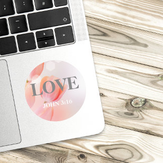 Pegatina Redonda LOVE John 3:16 Verse con flores elegantes de color